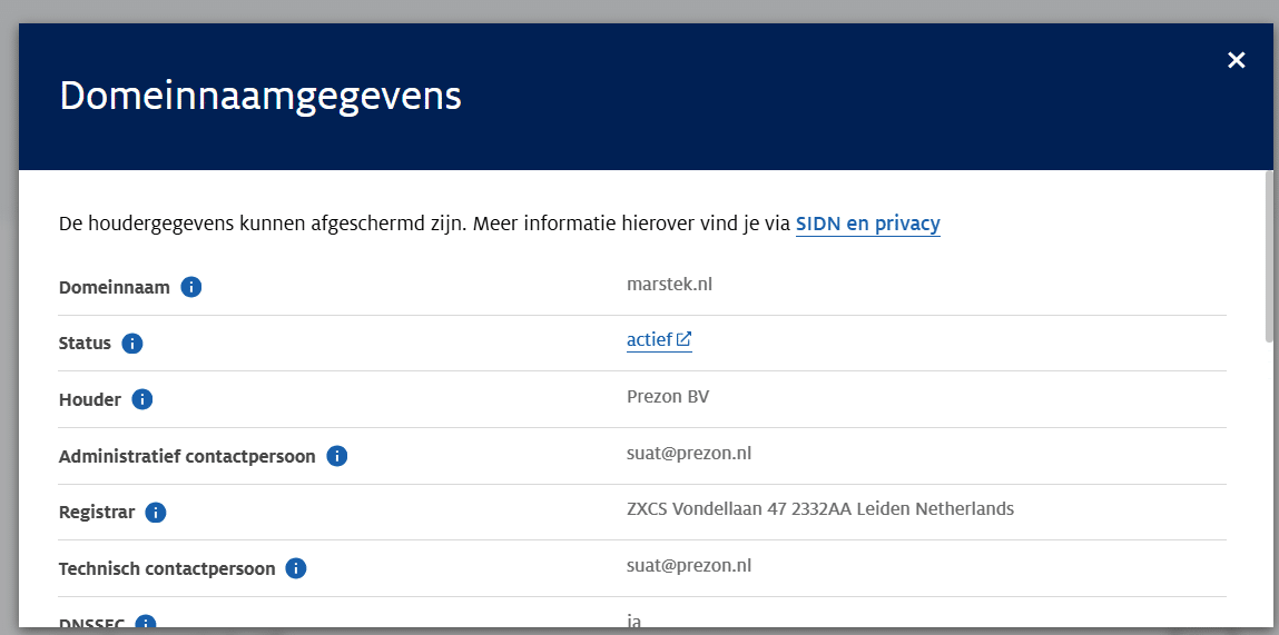 Houdergegevens domeinnaam marstek.nl